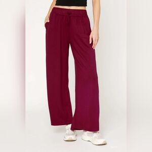 Umgee Elastic Drawstring Waistband Casual Women's Burgundy Merlot Wide-Leg Pants